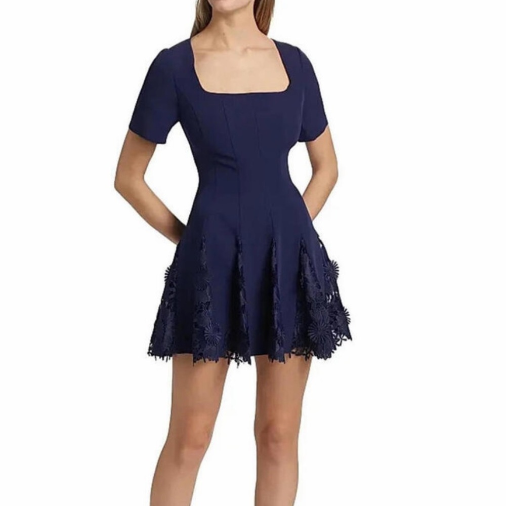 NEW, MILLY Joy Lace-Trimmed Fit & Flare Minidress in Navy